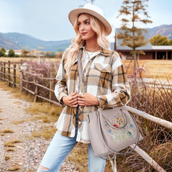 Women's Tan Embroidered Designer Soft Vegan Leather Top Shoulder Handle Bag - Picture 8 of 9